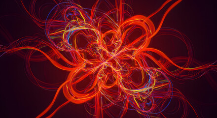 Intricate glowing red fractal art elegantly swirls against a dark background. AI Generated