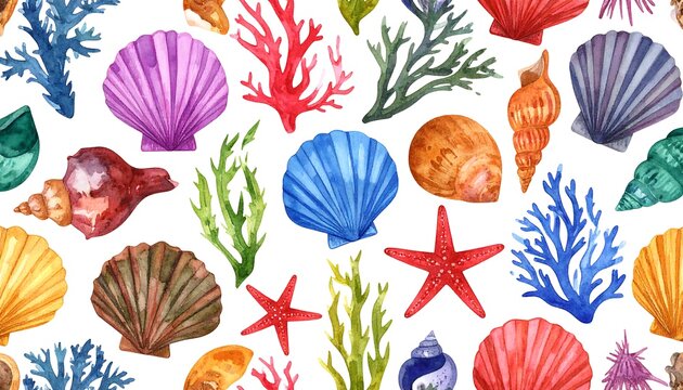 Watercolor seashells and coral pattern