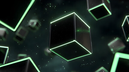 Floating black cubes with glowing green edges in a dark space environment. Abstract digital design representing technology and innovation.