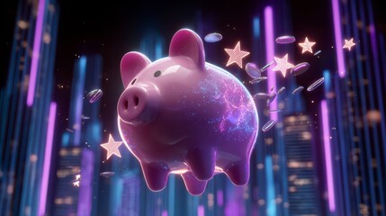 A whimsical piggy bank, adorned with cosmic patterns, symbolizes financial growth and digital savings. Coins and stars dance around the bank.