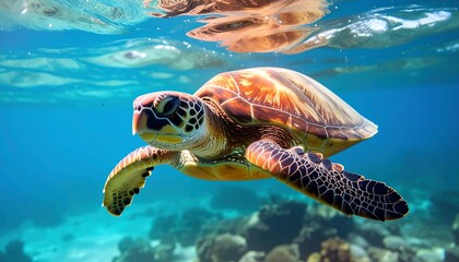 A vibrant image showcases a sea turtle swimming in crystal-clear turquoise water above a colorful coral reef. Its shell gleams
