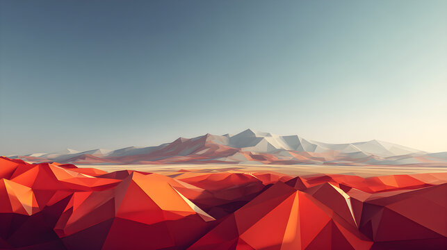 A stylized landscape featuring red polygonal mountains under a clear blue sky. The scene conveys a sense of vastness and abstract beauty.