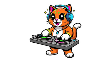 Feline DJ in Action: A vibrant illustration showcases an animated cat donning headphones and creatively spinning records, embodying the spirit of music and rhythm.