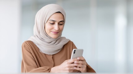 Muslim woman wearing a hijab is smiling while using a smartphone in a modern office environment, showcasing technology and connectivity in a professional setting
