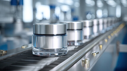 Silver Lidded Cosmetic Jars on a Production Line Conveyor Belt