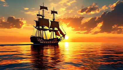 Fototapeta premium A sailing ship is silhouetted against a vibrant sunset over calm water, reflecting the golden light.