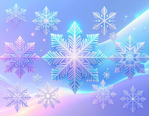 Intricate crystalline snowflakes with iridescent hues on a gradient background winter cold