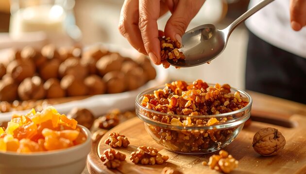 A hand places walnuts into a bowl of sugared nuts - Powered by Adobe