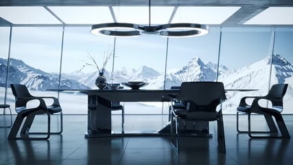 Modern Silver Conference Room with Mountain View and Ring Light Fixture - Powered by Adobe