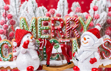 Christmas decoration with fir branches and snowmen