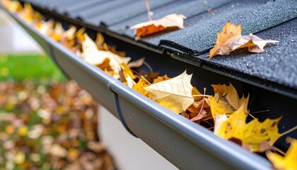 Autumn Leaves Clogged in Gray Gutter