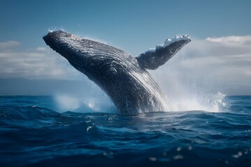 Fototapeta premium A large whale breaches the ocean surface in bright daylight.