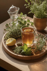 A clear glass cup of herbal tea with a lemon slice sits on a round wooden tray. It is surrounded by fresh herbs, a lemon half, and dried plants, creating a scene of natural wellness and tranquility.