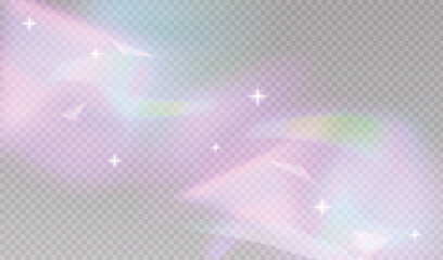 Vector illustration of iridescent holographic gradient background with soft rainbow prism effects and stars on transparent overlay for design template