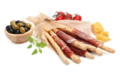 Grissini breadsticks with prosciutto, cheese, olives and tomatoes isolated on white