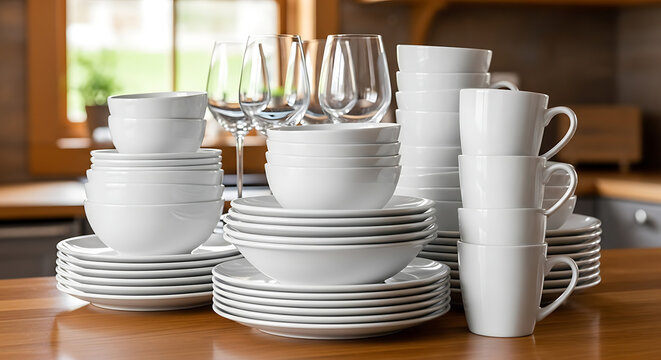 Newly cleaned white ceramic dinnerware and elegant glassware neatly stacked on a wooden kitchen counter