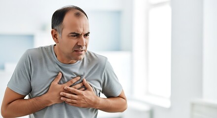 Naklejka premium A middle-aged man clutches his chest in apparent discomfort or pain, suggesting a medical emergency like a heart attack.