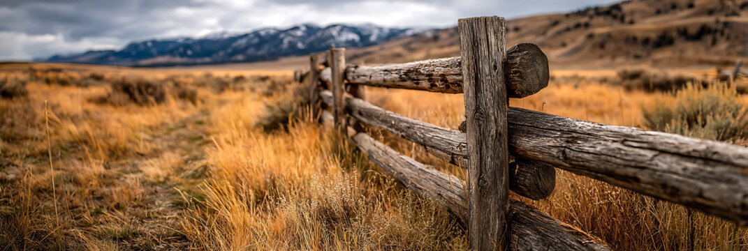 A rustic wooden fence stretching across a dry, golden grassy field under a dramatic sky with snow-capped mountains in the distance, depicting a vast wilderness.

