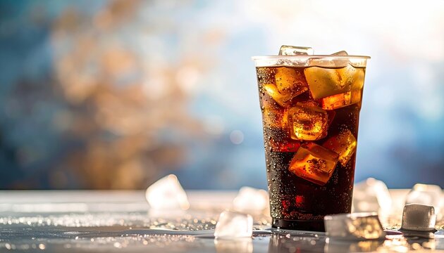 Iced Cola Drink in Plastic Cup with Ice Cubes on Blue Background