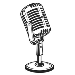 Fototapeta premium Classic black and white illustration of a vintage microphone on a simple stand against a white background