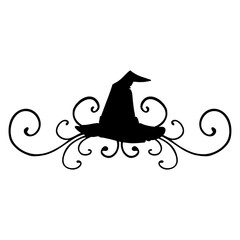 Logo con silueta de sombrero de bruja con filigrana caligráfica. Silueta con florituras para tarjetas y felicitaciones de Halloween © teracreonte