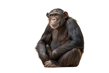 Naklejka premium Chimpanzee sitting cross-legged with dark fur and expressive face, isolated on a transparent background