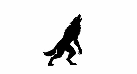 A black silhouette of a werewolf standing and howling upwards on a white background