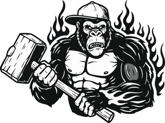 Muscular gorilla wearing a cap holds a hammer, surrounded by flames, in a black and white illustration.