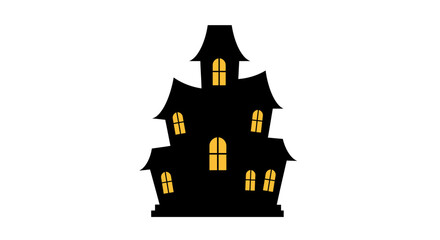 A black threestory haunted house with illuminated windows
