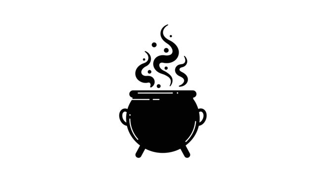 A black silhouette of a cauldron with smoke or steam rising above it