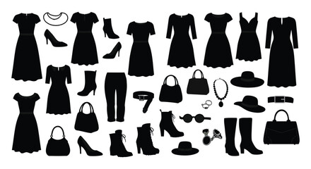 Silhouettes of fashionable women s clothing and accessories in black and white