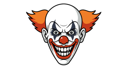 A cartoon clown head with orange hair a red nose and a wide grin