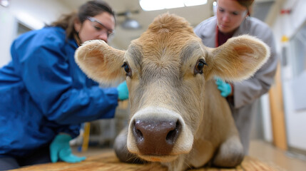 Veterinarians examining a young cow during a health check in a barn