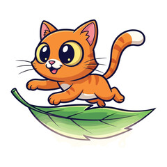 Playful Cat on Leaf: A cute cartoon orange cat leaps across a vibrant green leaf, set against a clean background, perfect for children's themes.