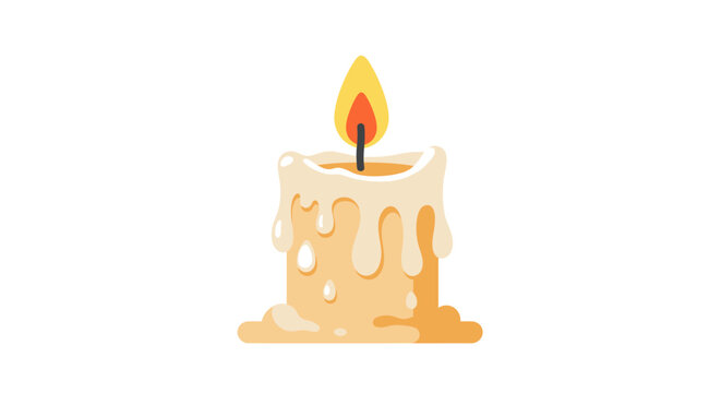 A cartoon candle with melting wax and a lit flame on a white background