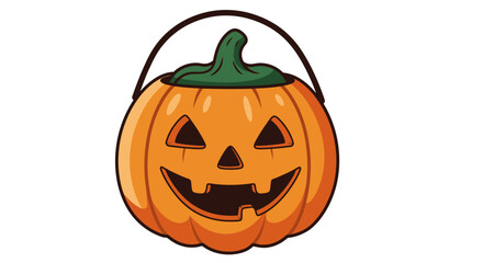 A pumpkinshaped basket with a carved face green top and black handle on a white background