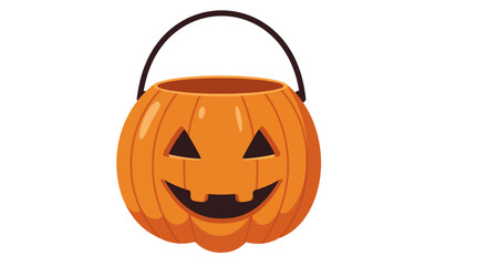 A pumpkinshaped candy bucket with a carved jackolantern face and a black handle