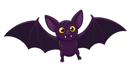 A purple cartoon bat with yellow eyes wings spread and small fangs
