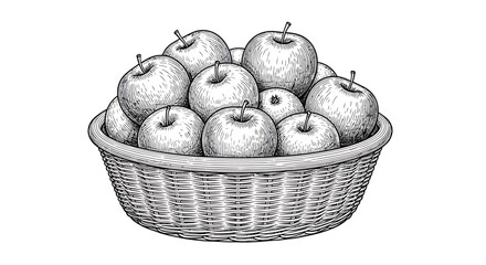 Vintage Engraved Apples in Wicker Basket Line Art Illustration
