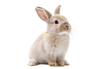 Obraz premium Small brown and white rabbit sitting upright with perked ears and soft fur, isolated on a transparent background