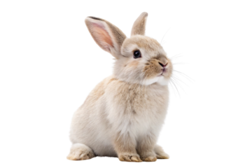 Small brown and white rabbit sitting upright with perked ears and soft fur, isolated on a transparent background