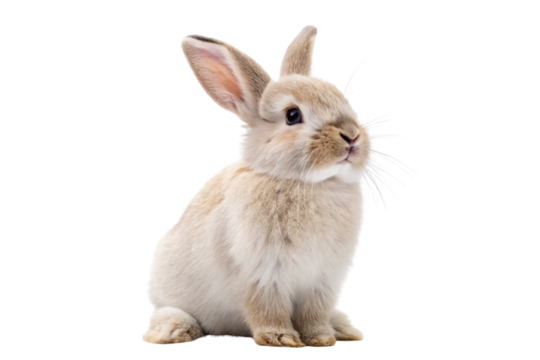 Small brown and white rabbit sitting upright with perked ears and soft fur, isolated on a transparent background