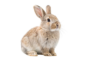 Obraz premium Brown rabbit with white markings sitting alertly with upright ears and fluffy tail, isolated on a transparent background