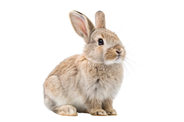 Brown rabbit with white markings sitting alertly with upright ears and fluffy tail, isolated on a transparent background