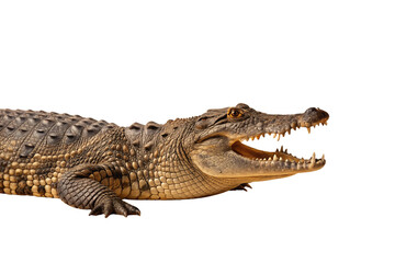 Fototapeta premium Large crocodile with mouth open displaying sharp teeth and textured scaly skin throughout body, isolated on a transparent background
