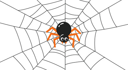 Cartoon spider with black body and orange legs sitting in a black and white web