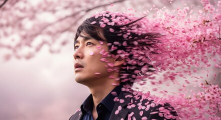 Surreal double exposure portrait of man dissolving into pink cherry blossoms