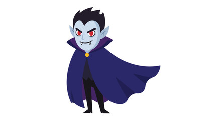 Cartoon vampire with red eyes fangs and a purple cape stands on a white background