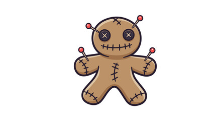 Cartoon voodoo doll beige with black stitches and red pins isolated on a white background