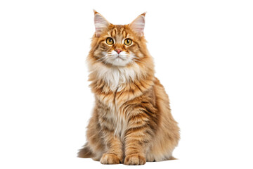 Obraz premium Fluffy orange and white Maine Coon cat sitting upright with bright amber eyes and ear tufts, isolated on a transparent background